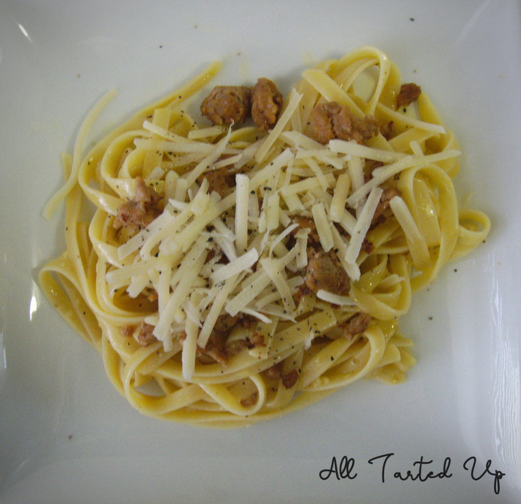 Pasta carbonara done our way, with sausage and fettucine.